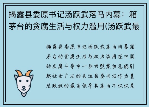揭露县委原书记汤跃武落马内幕:箱茅台的贪腐生活与权力滥用(汤跃武最新任职)