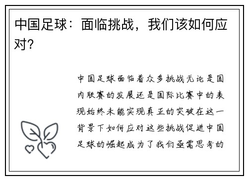 中国足球：面临挑战，我们该如何应对？