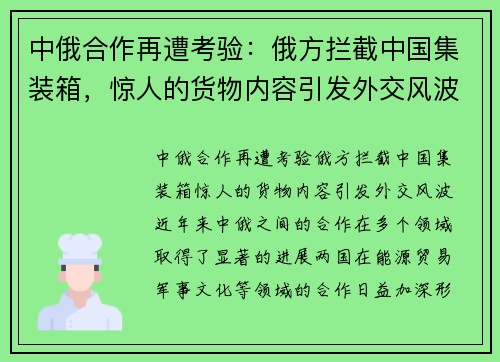 中俄合作再遭考验:俄方拦截中国集装箱,惊人的货物内容引发外交风波