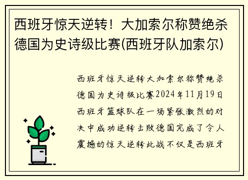 西班牙惊天逆转！大加索尔称赞绝杀德国为史诗级比赛(西班牙队加索尔)