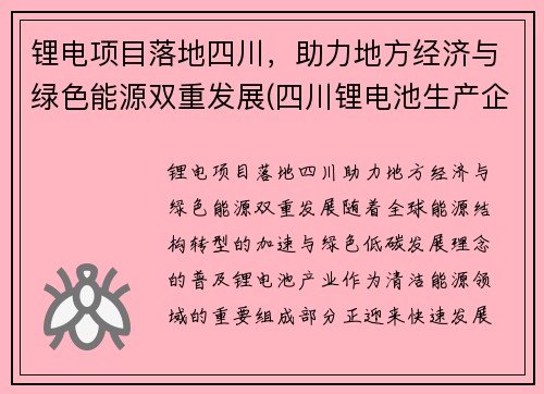 锂电项目落地四川，助力地方经济与绿色能源双重发展(四川锂电池生产企业)